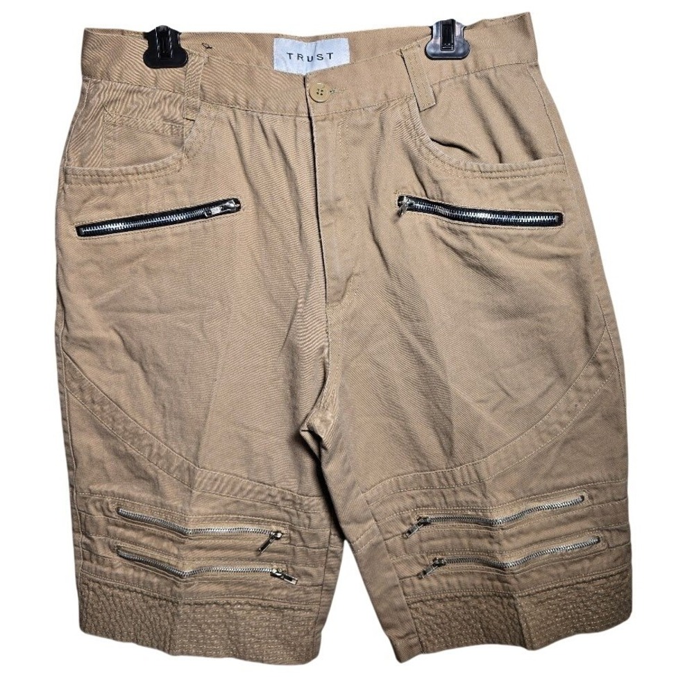 Trust Mens Biker Moto Shorts Khaki Tan Cotton Twill Multi‎ Zipper Streetwear W34